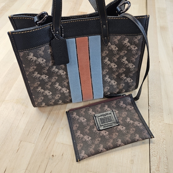 COACHField Tote With Horse And Carriage Print /Varsity Stripe